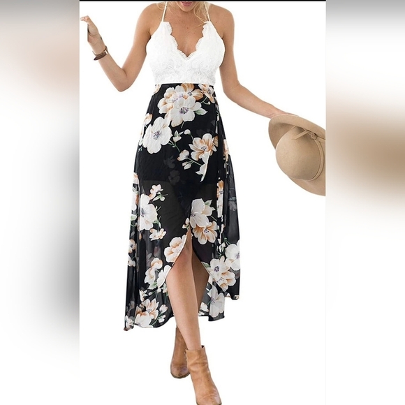 Blooming Jelly White Lace Black Floral Asymmetrical High Low Dress Size Large - Picture 1 of 16